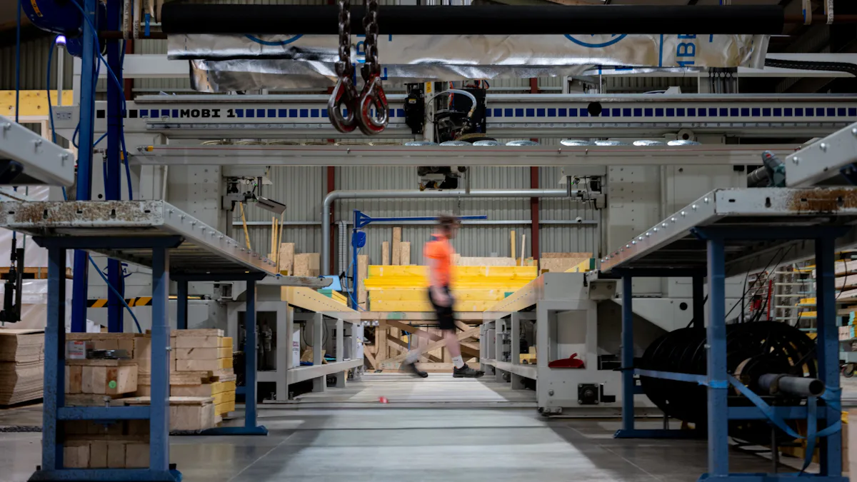 Worker walking through a factory floor with industrial machinery