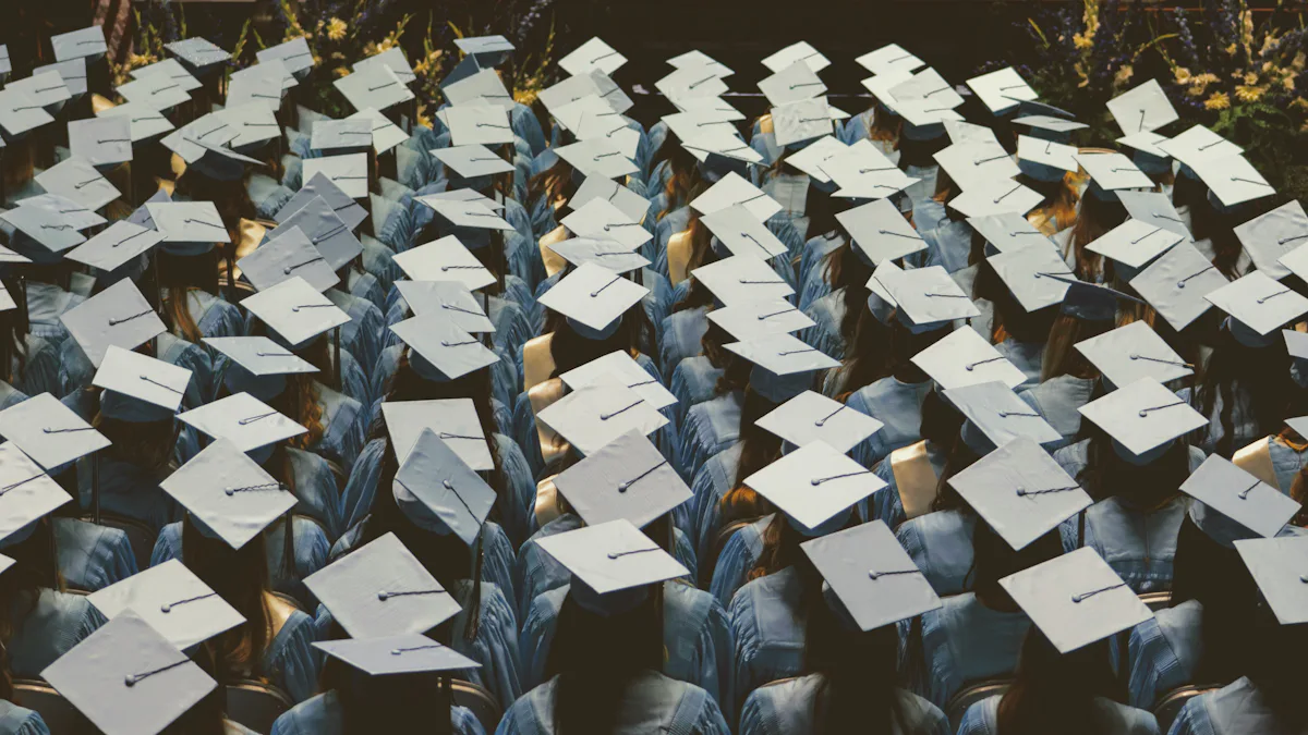University graduates in gowns and caps at a ceremony