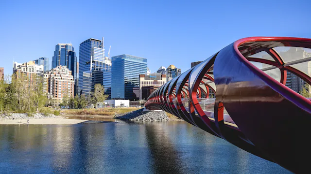 Calgary skyline and the Peace Bridge over the Bow River