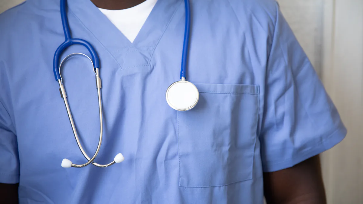 Nurse in blue scrubs with a stethoscope